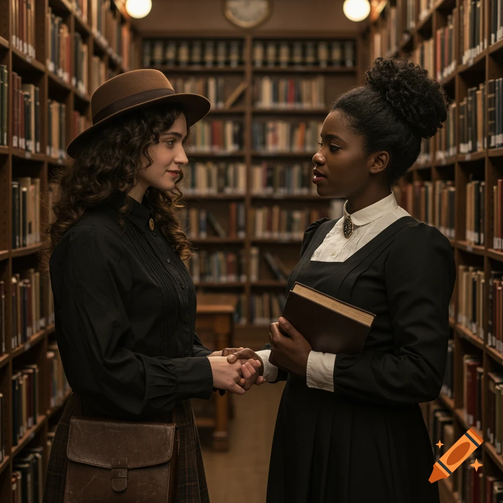Two women in Edwardian attire shaking hands in a library.
