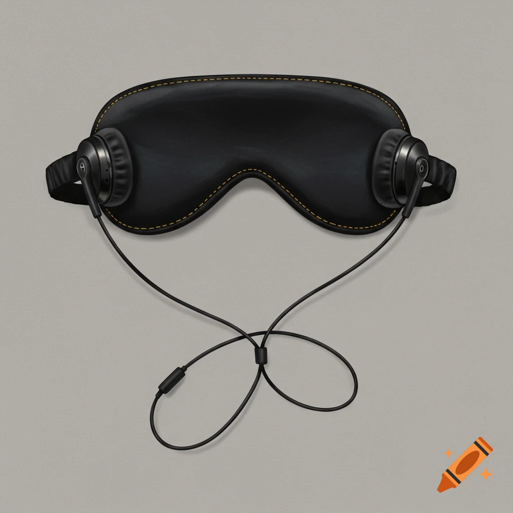 Digital illustration of a black sleep mask with headphones attached on a grey background.