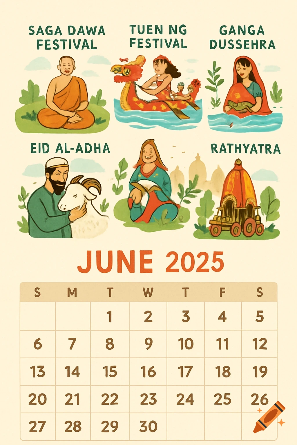 Illustrated calendar page for June 2025 showing diverse cultural festivals, including Saga Dawa, Tuen Ng, Ganga Dussehra, Eid Al-Adha, and Rathyatra, with a calendar grid below.
