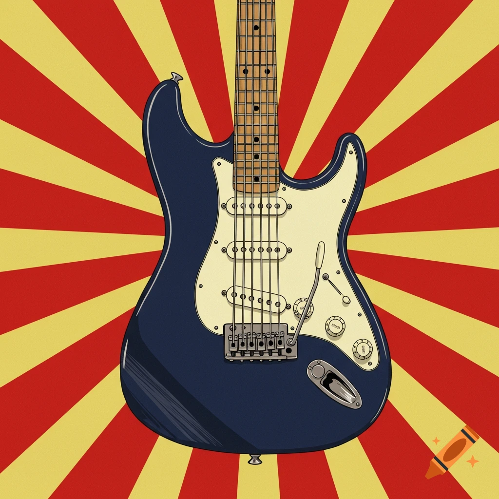 A blue electric guitar against a red and yellow sunburst background illustration