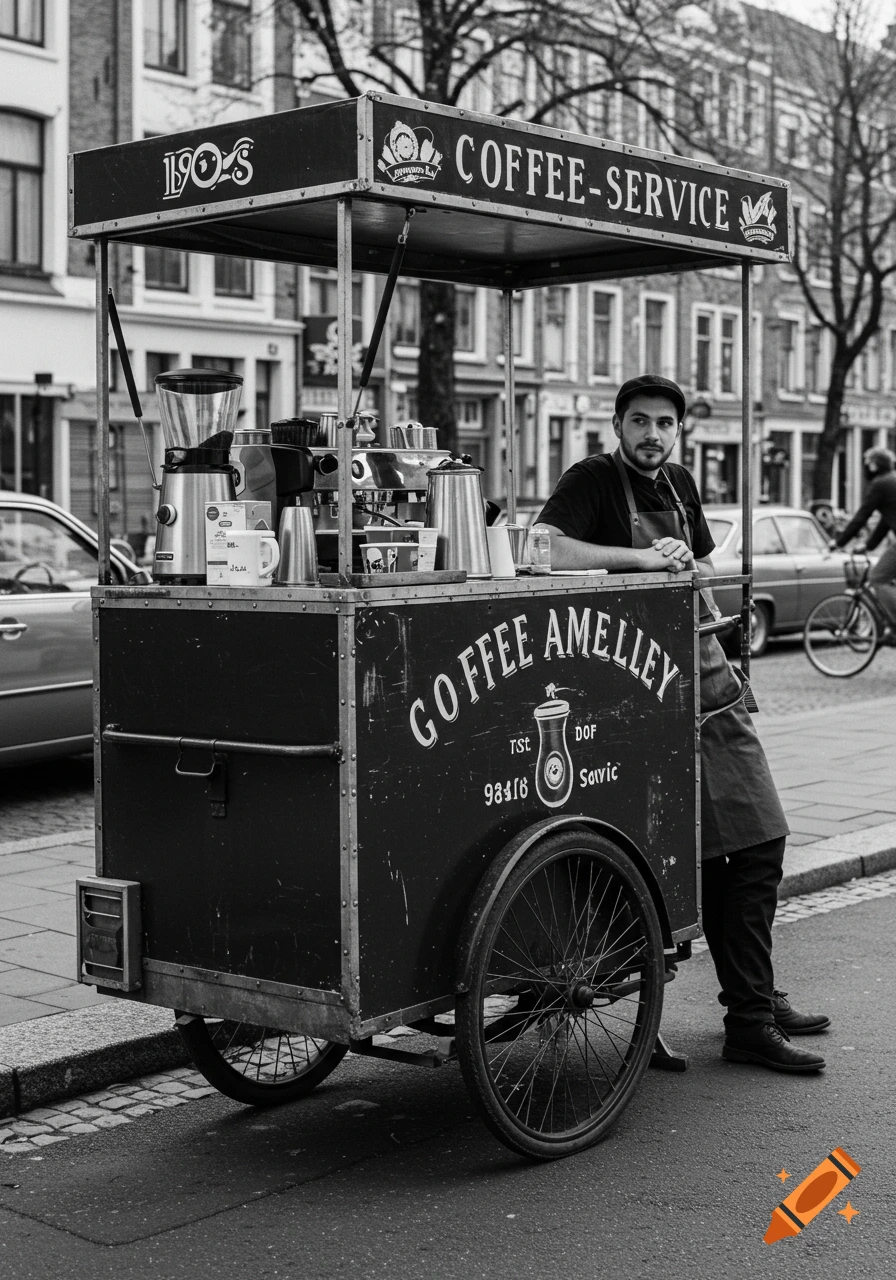 Black and white street photo of a man standing next to a vintage coffee cart.