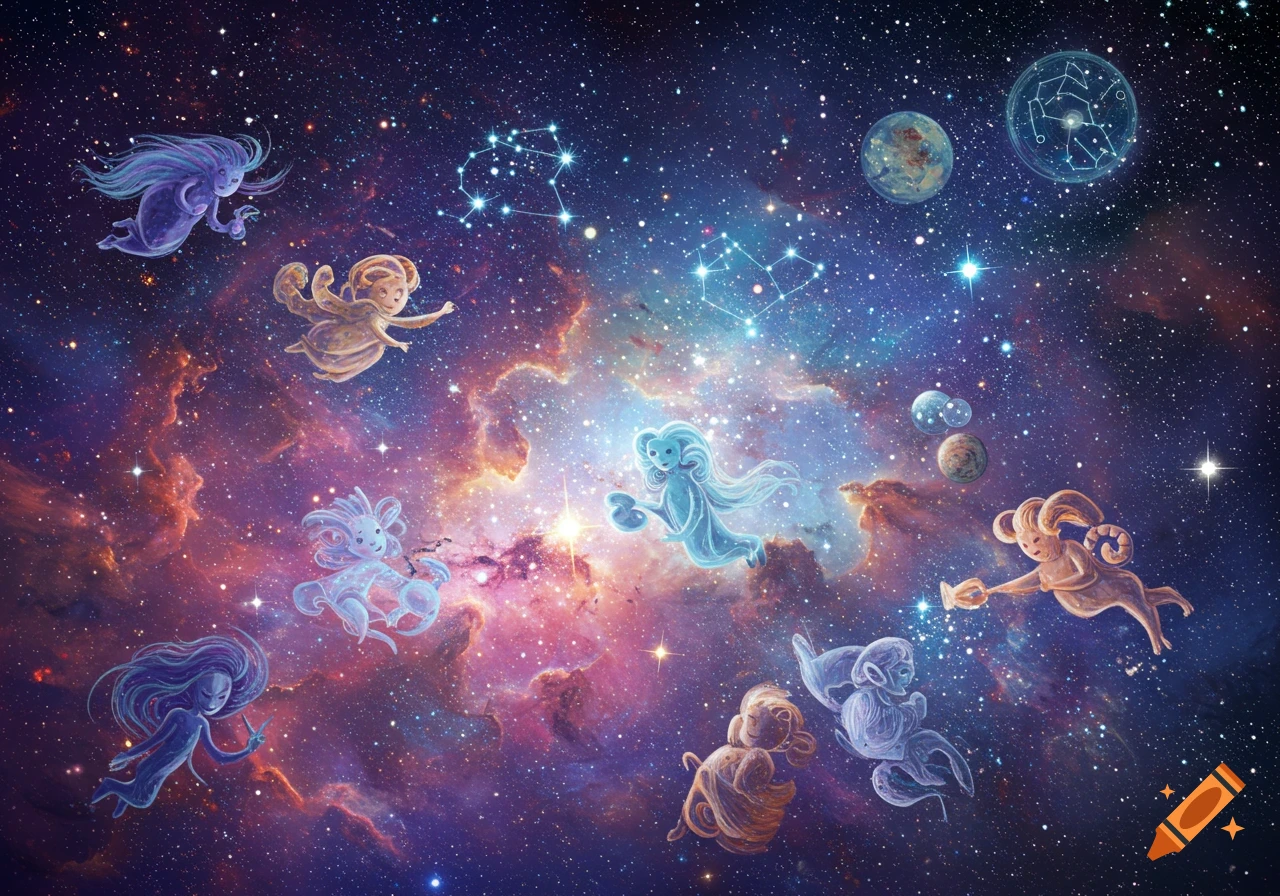 Stylized, colorful figures representing zodiac signs float in a starry cosmic scene with constellations and planets.