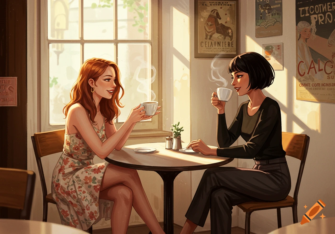Two women talking and drinking coffee in a sunlit cafe, illustration style.