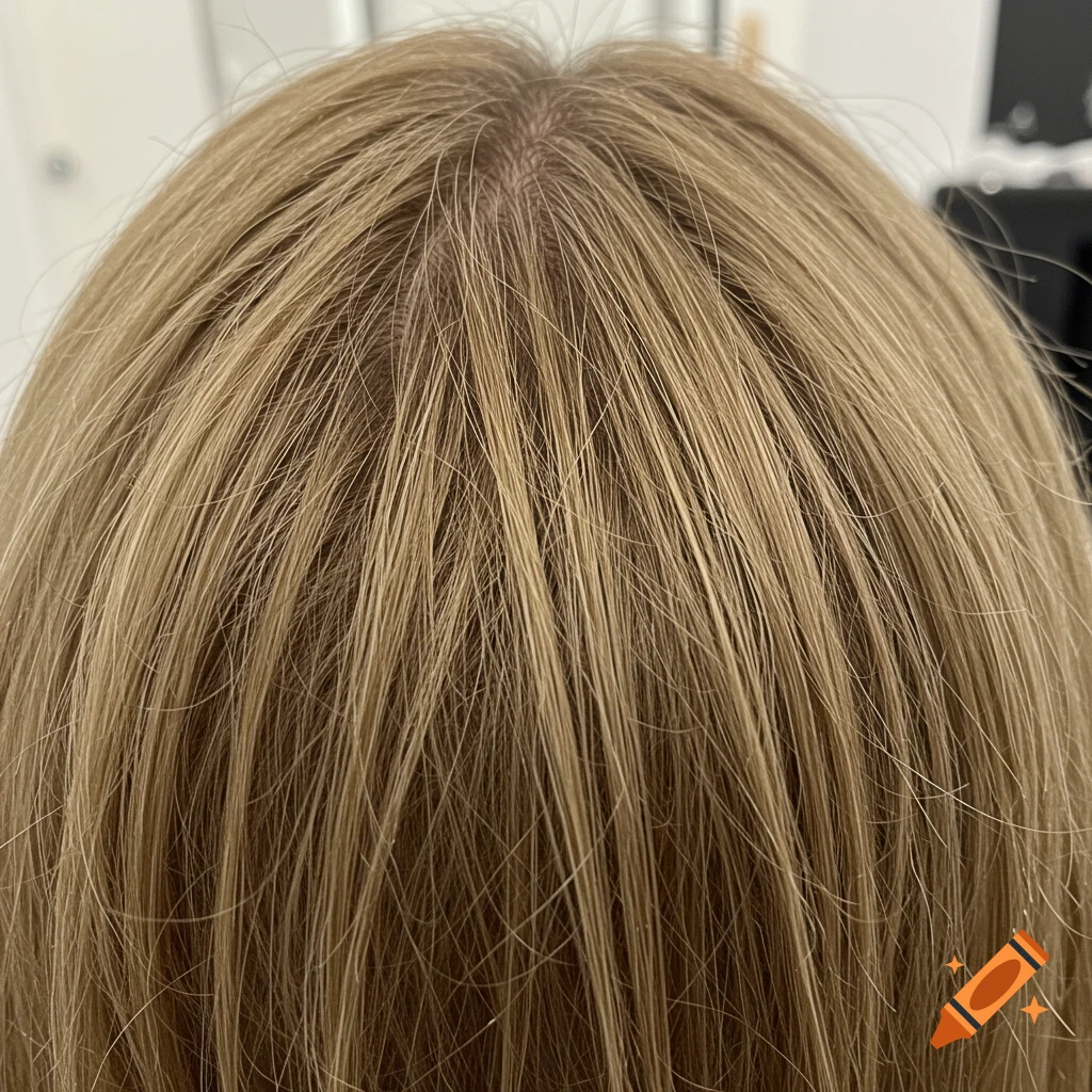 Close-up photo showing the top of a head with blonde hair.