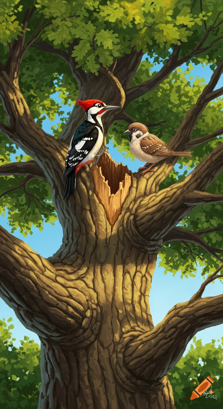 Digital painting of a woodpecker and a sparrow in an oak tree.