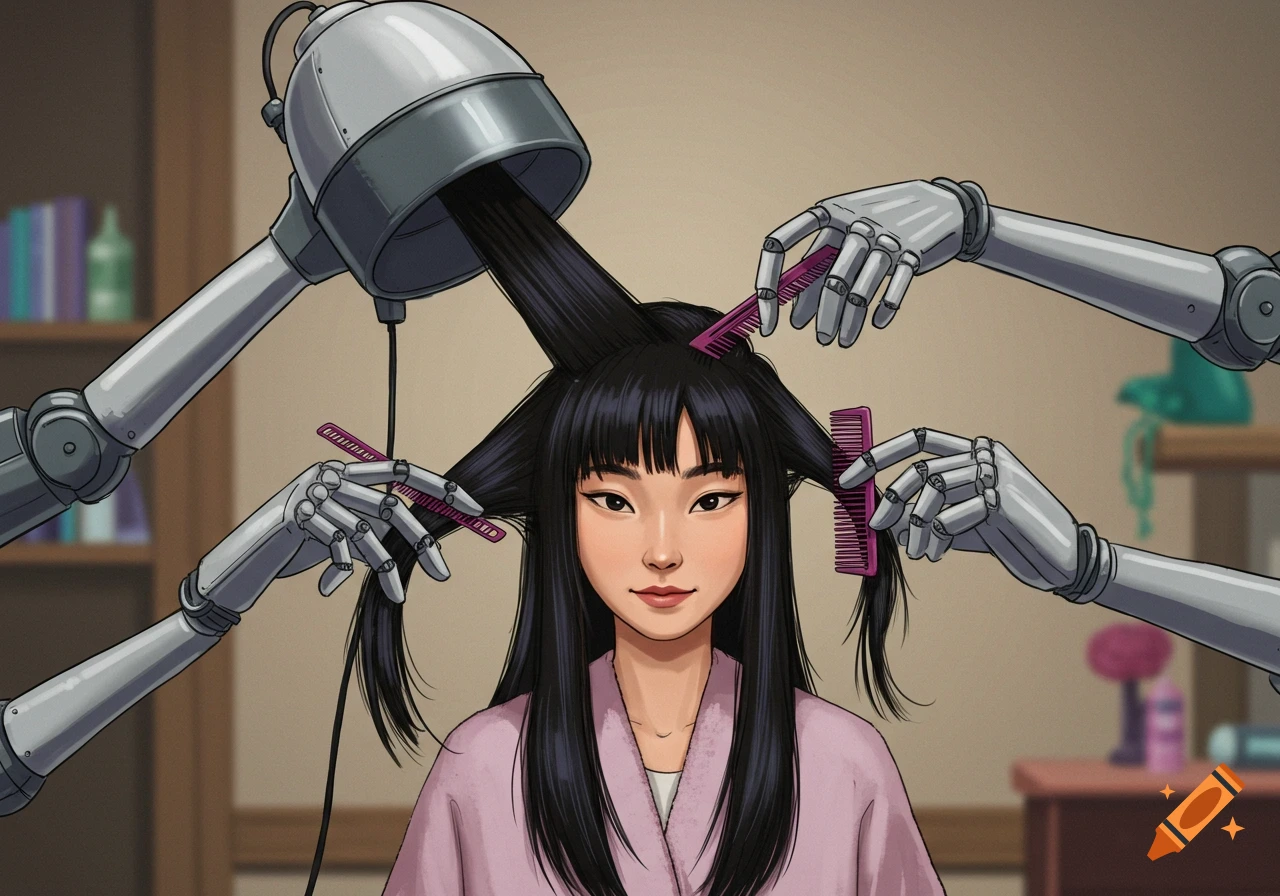 Illustration of a woman getting her hair styled by robotic arms using combs and a hair dryer.