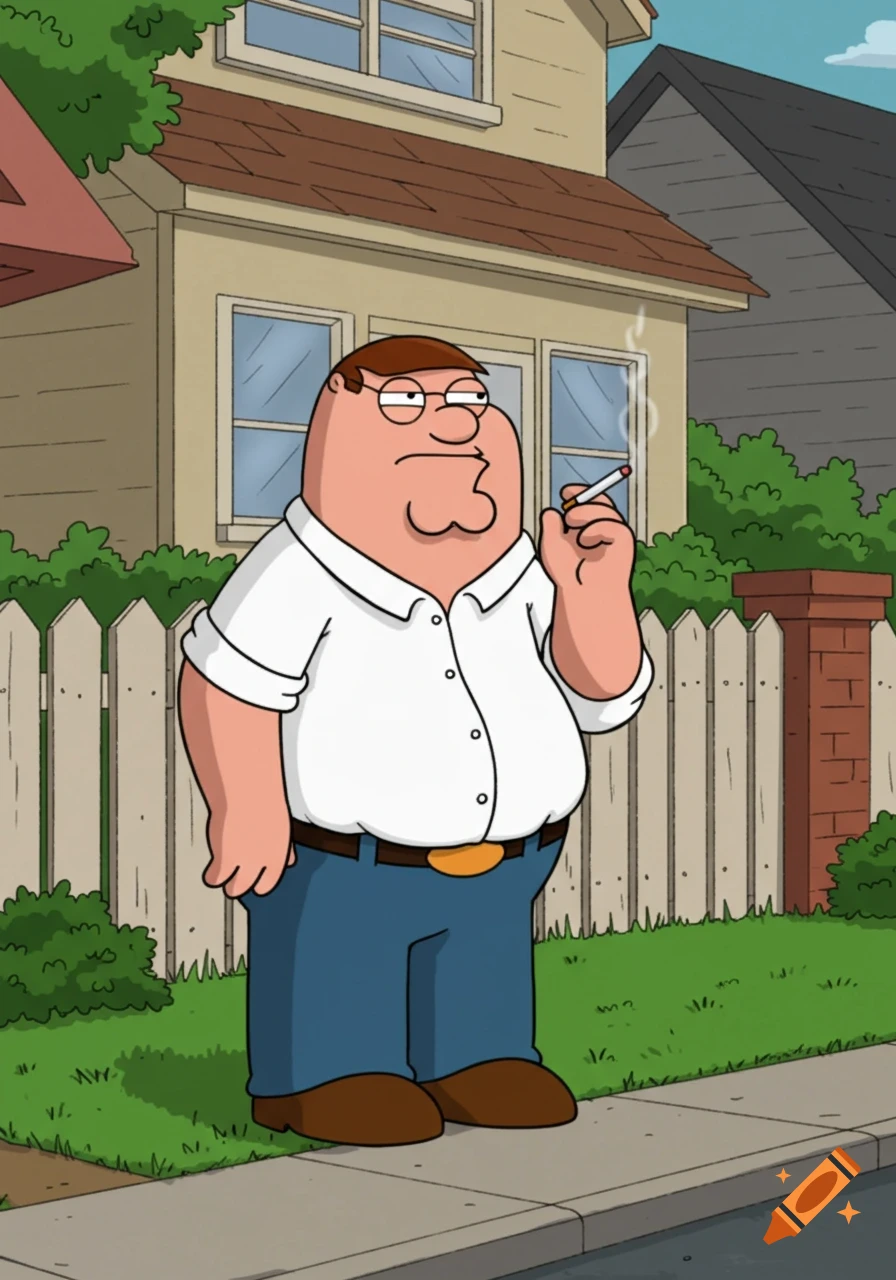 Peter Griffin, a cartoon character, stands outside a house smoking a cigarette.