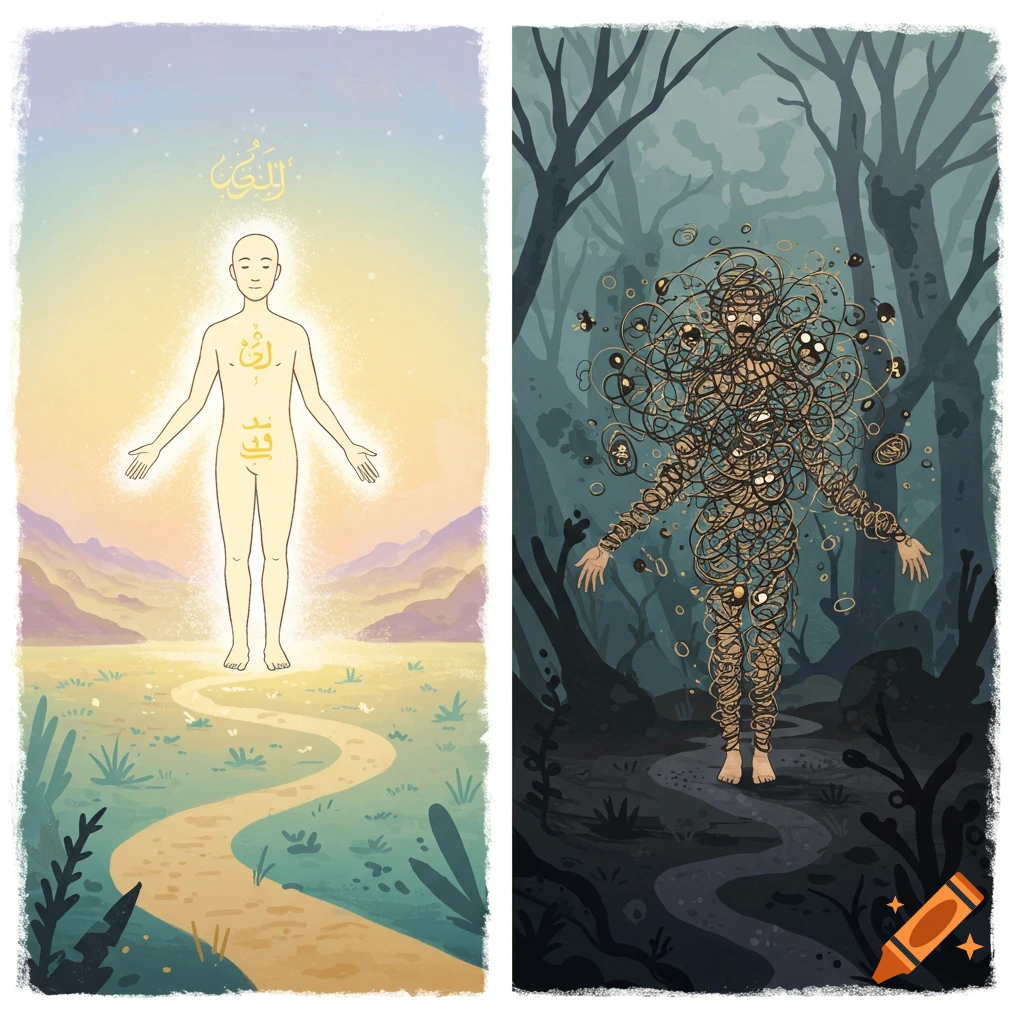 Two stylized illustrations: one of a glowing figure on a bright path, the other of a figure tangled in dark lines on a dark path.