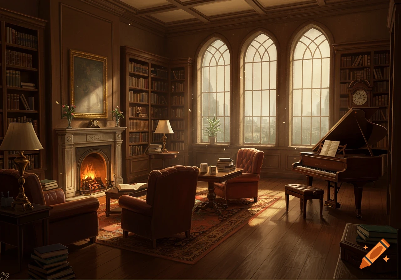 A cozy library room with bookshelves, fireplace, chairs, a piano, and large arched windows looking outside.