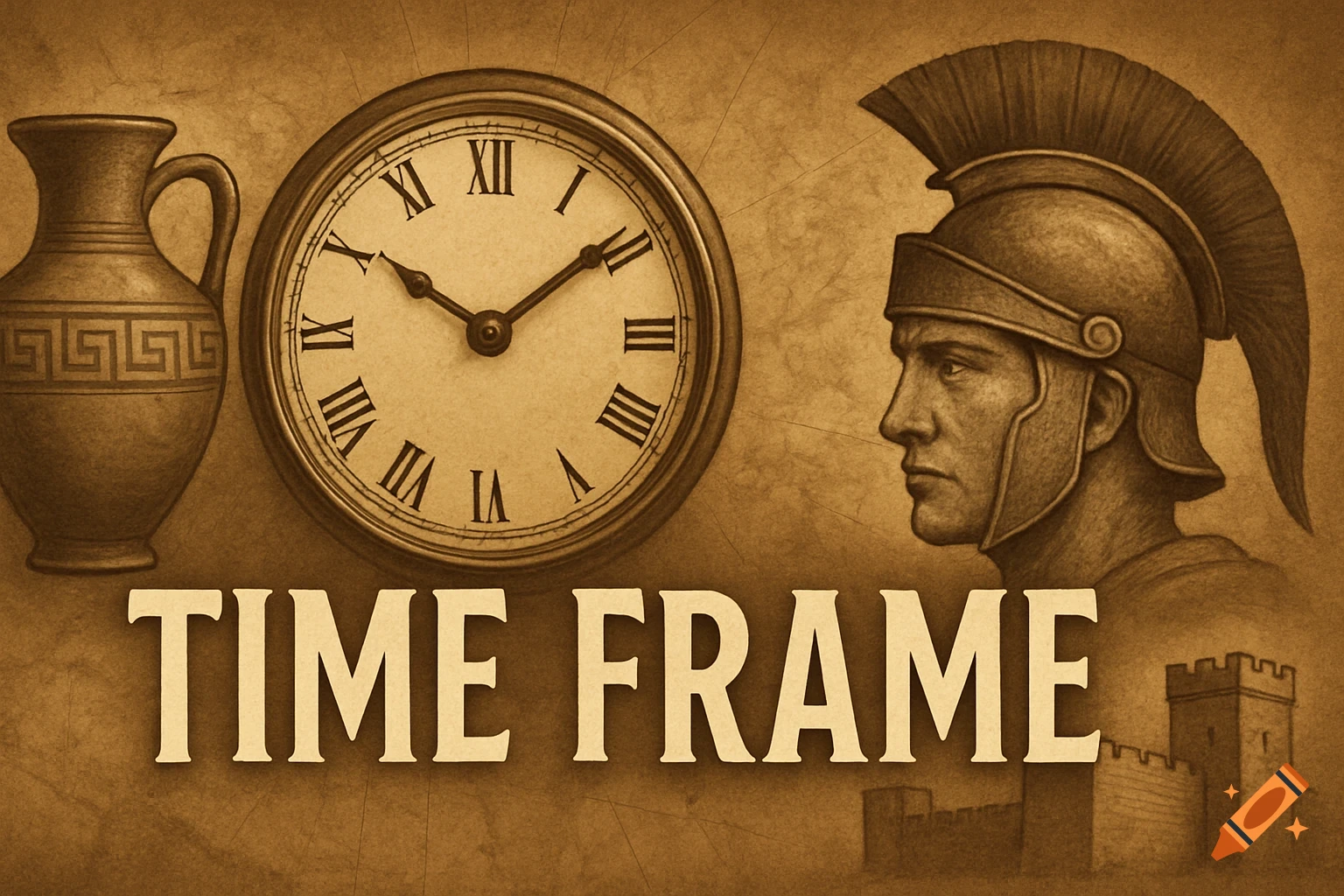 Sepia-toned image with a Roman soldier profile, a large clock, vase, castle ruins, and the text "TIME FRAME".