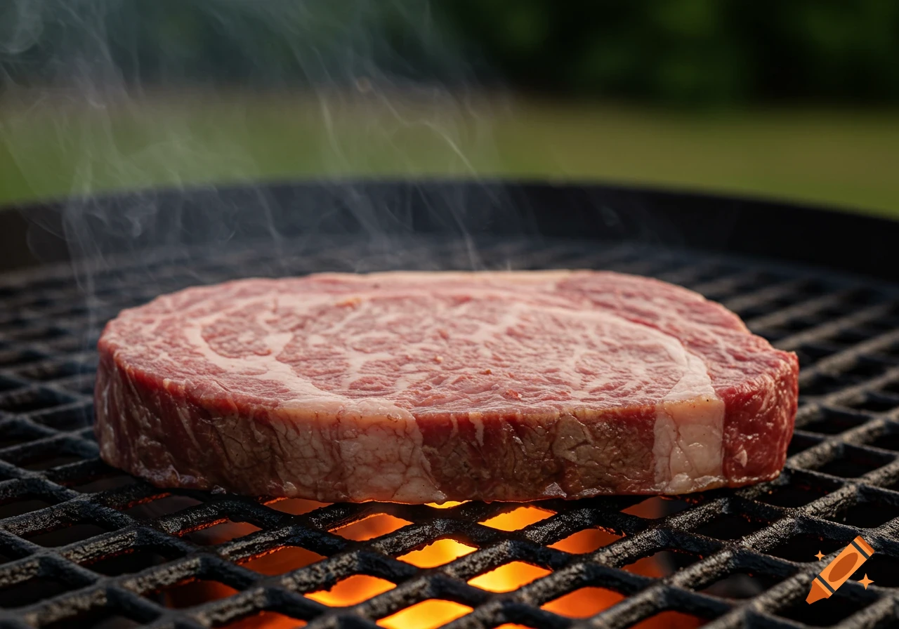 A raw, marbled steak cooking on a hot barbeque grill with smoke rising.