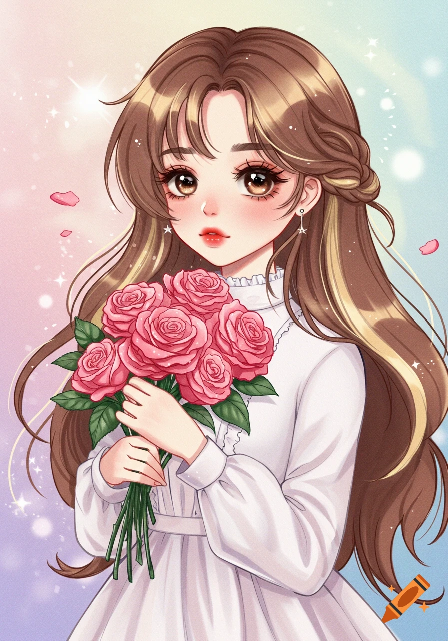 Anime girl with brown hair and blonde highlights holding pink roses