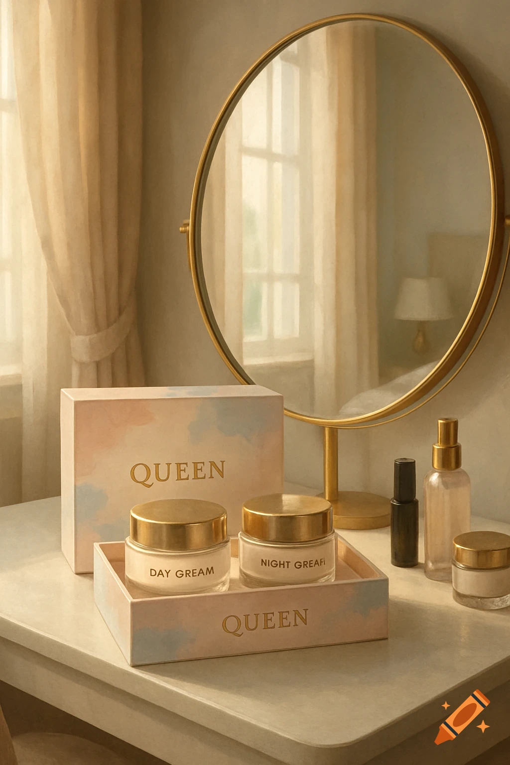 Cosmetic products and other items on a vanity table with a large mirror and soft window light.