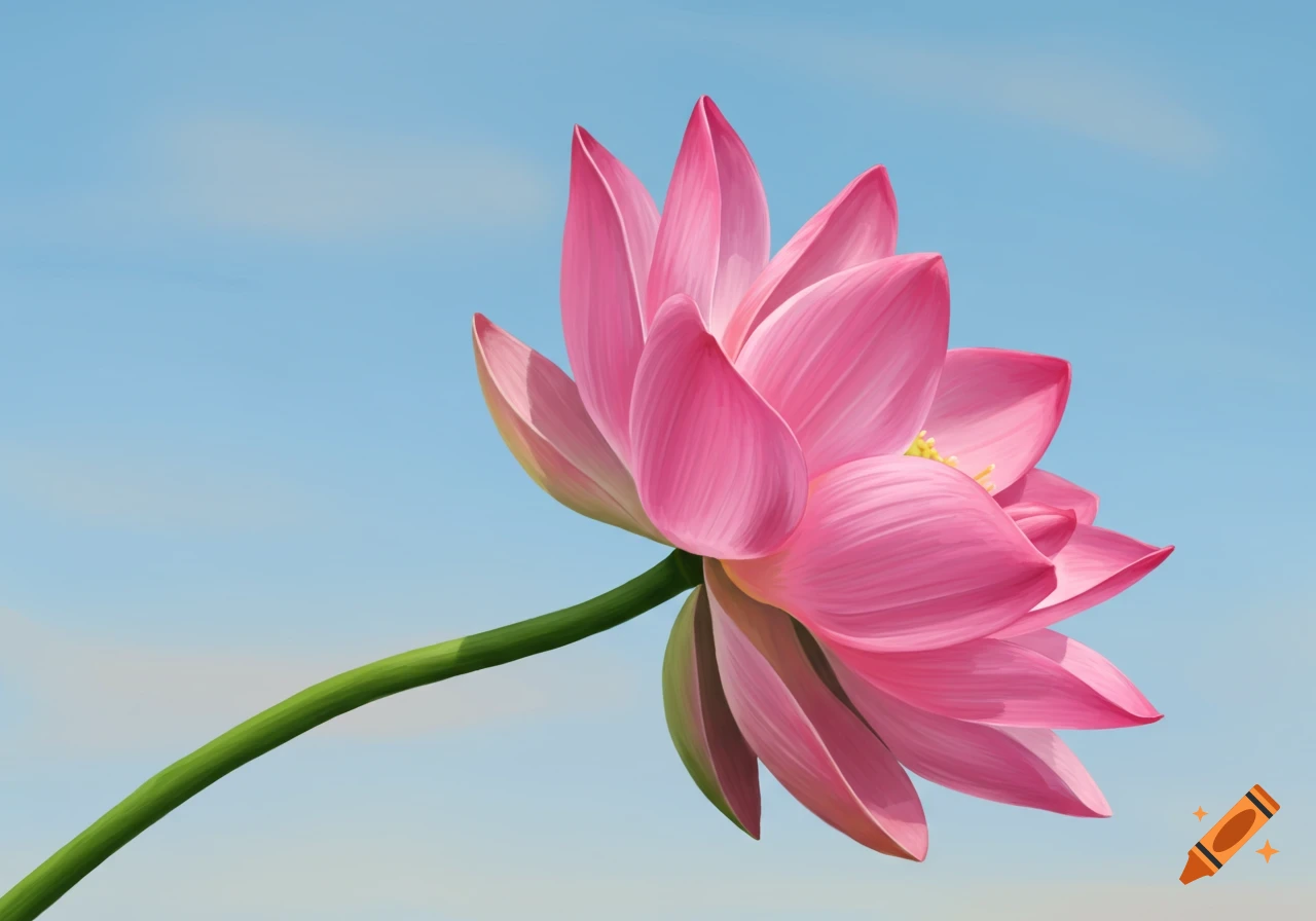 A vibrant pink lotus flower against a clear blue sky.