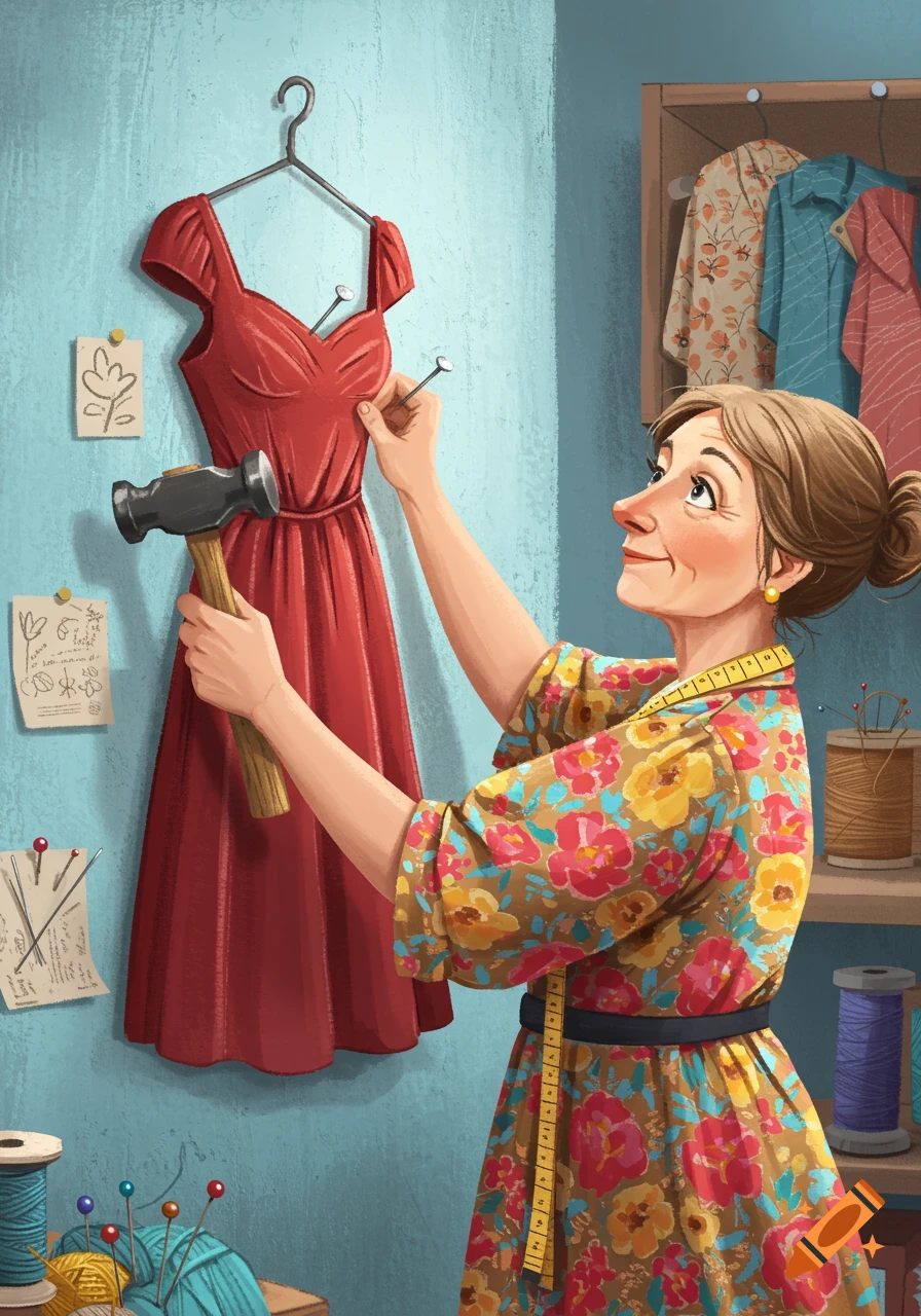 Illustration of a woman hammering a nail into a red dress hanging on a wall in a sewing room.