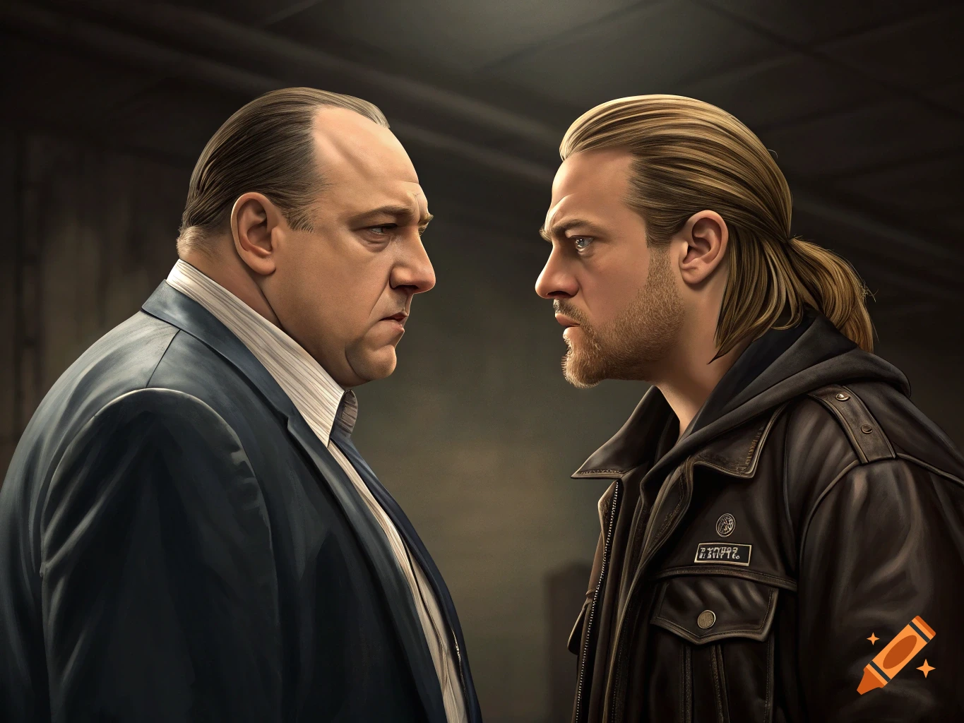 Two men resembling Tony Soprano and Jax Teller face each other intently in a dramatic portrait.