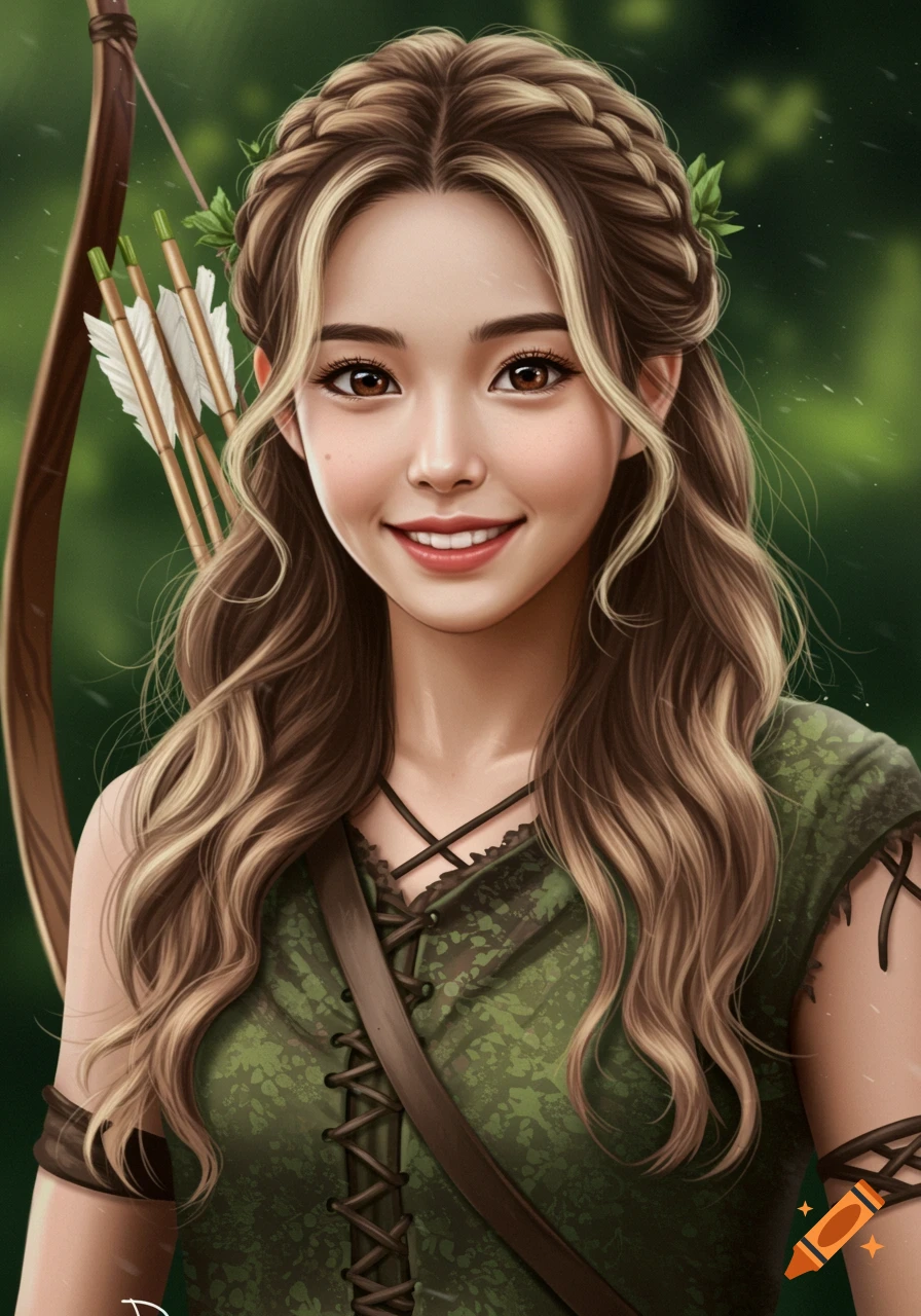 Digital painting of a smiling girl archer with brown hair and highlights