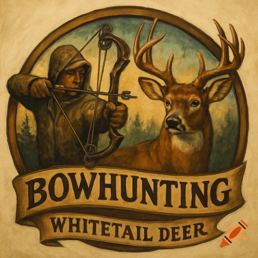 Painted logo of a bowhunter aiming at a whitetail deer, with 'Bowhunting Whitetail Deer' text on banners.