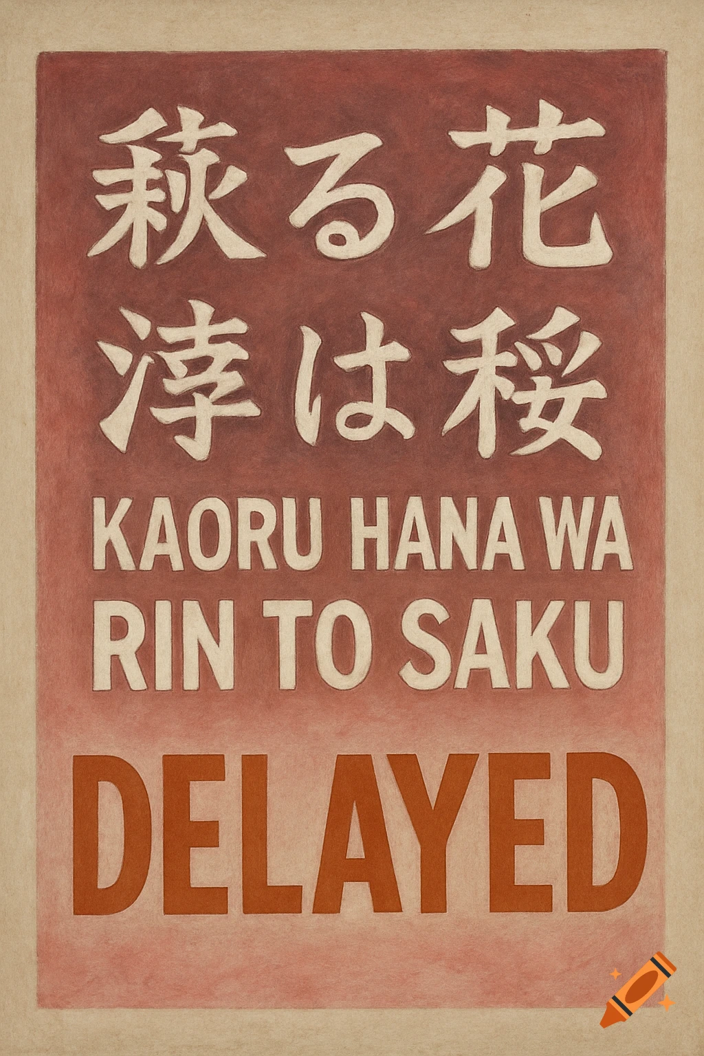 A vertical poster with Japanese and English text on a reddish-brown background.