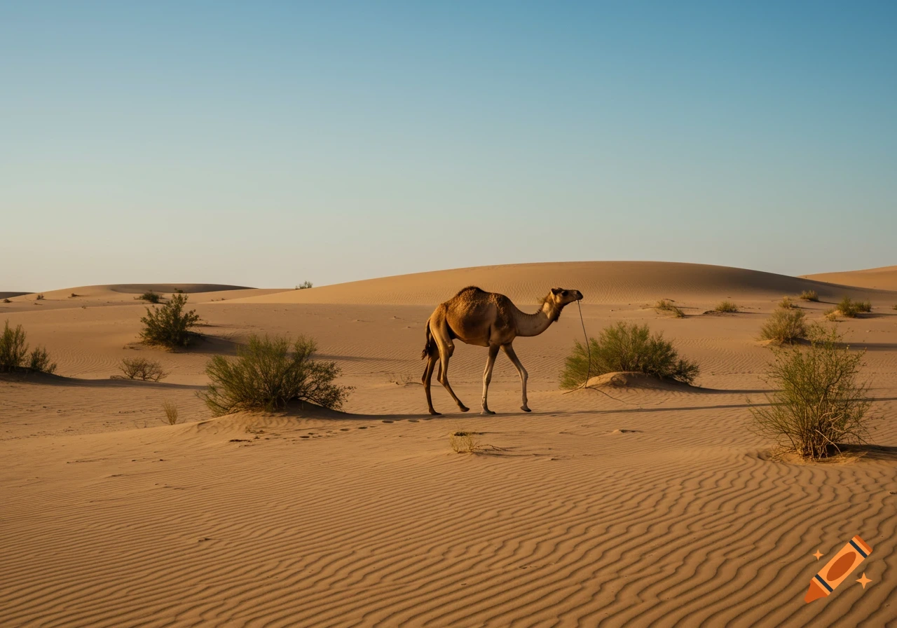 A camel walks across a sandy desert landscape under a blue sky.