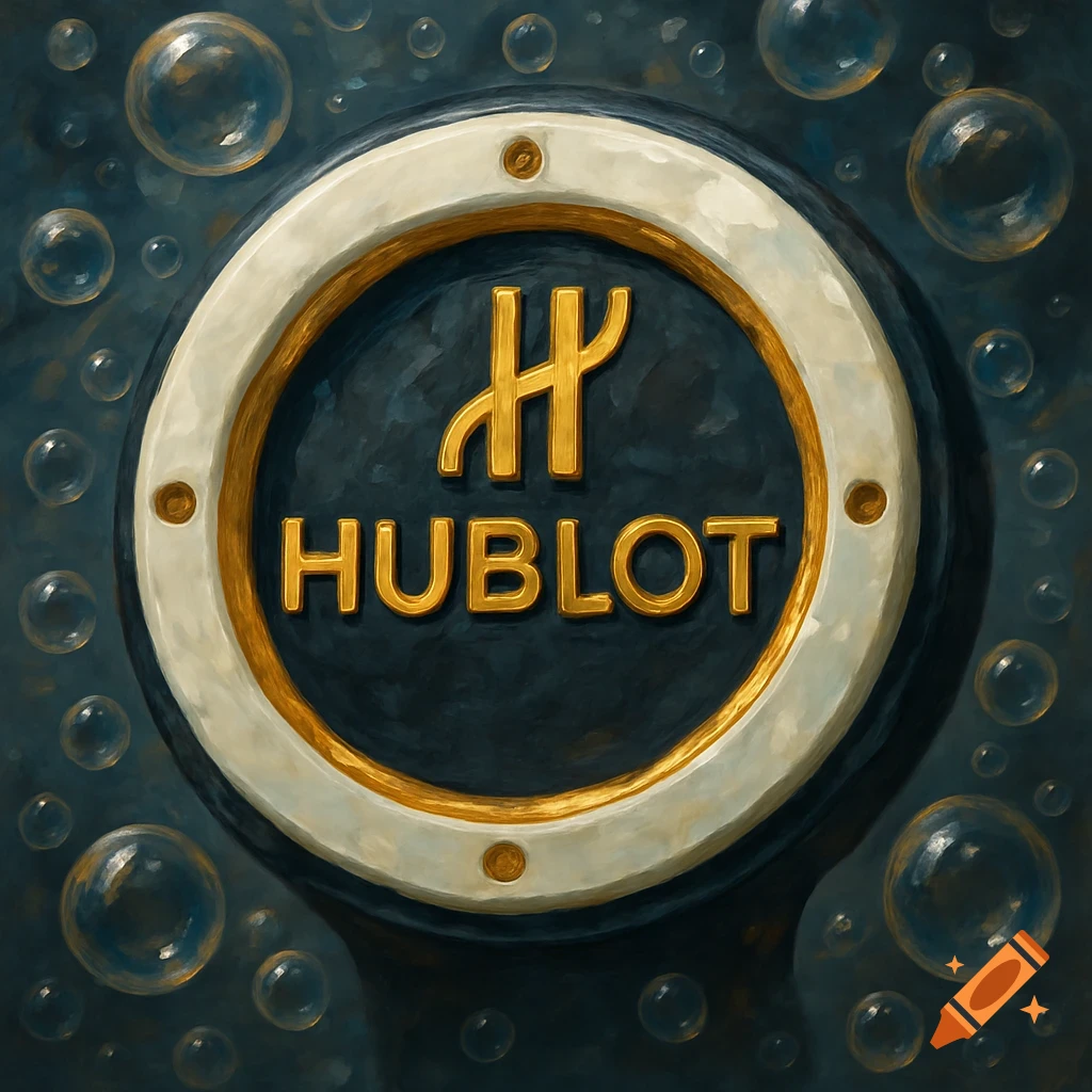 Hublot logo in gold within a circular frame, surrounded by bubbles in a textured painting style.
