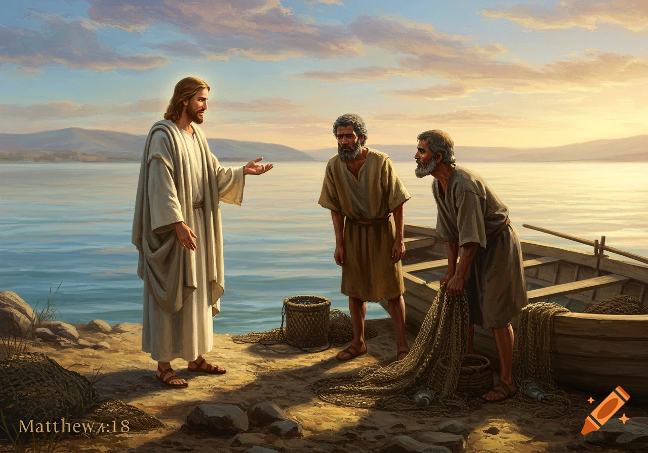Jesus stands by the water talking to fishermen mending nets.