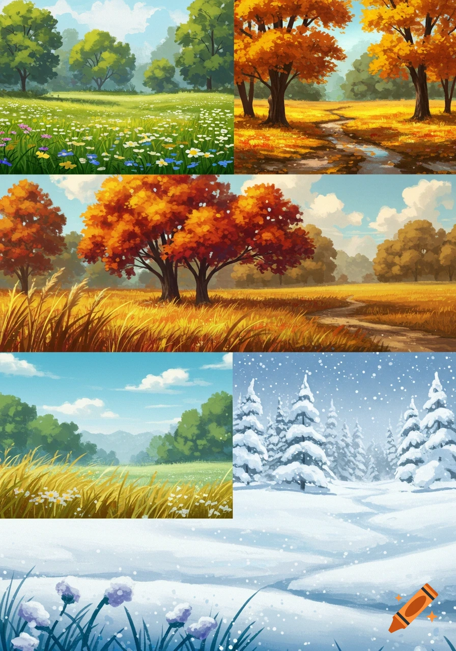 Four illustrative landscape panels showing different seasons: a spring meadow, autumn trees and path, autumn field, and winter forest.