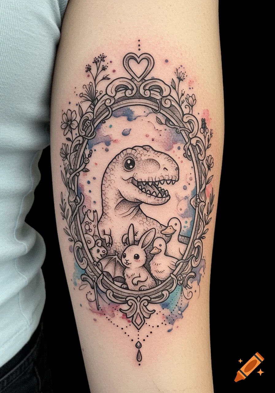 A cartoon tattoo on a forearm featuring a cute T-Rex, bunny, ducks, and a bat inside an ornate frame with watercolor background.