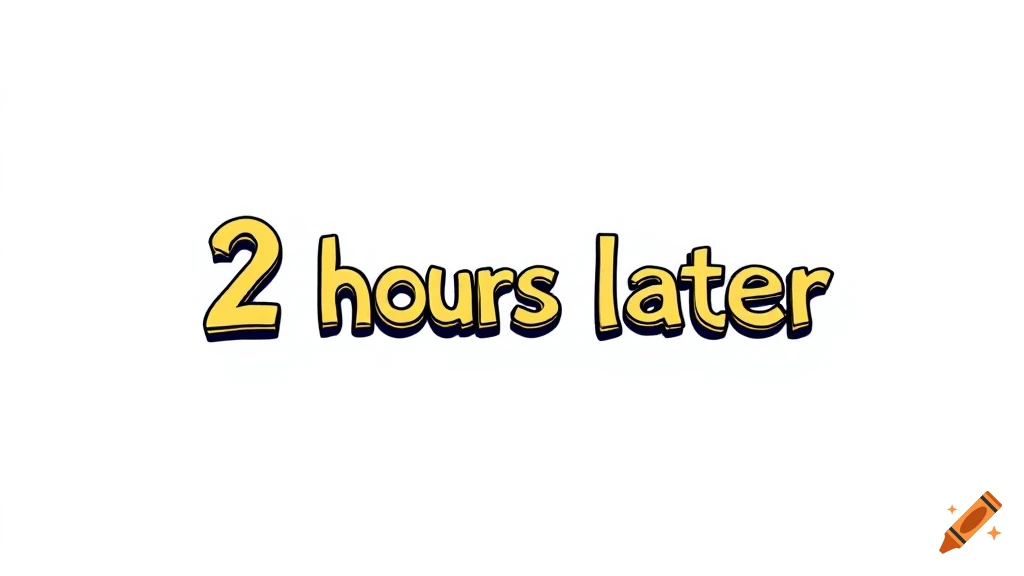 Text reading '2 hours later' in a yellow cartoon font with shadow.