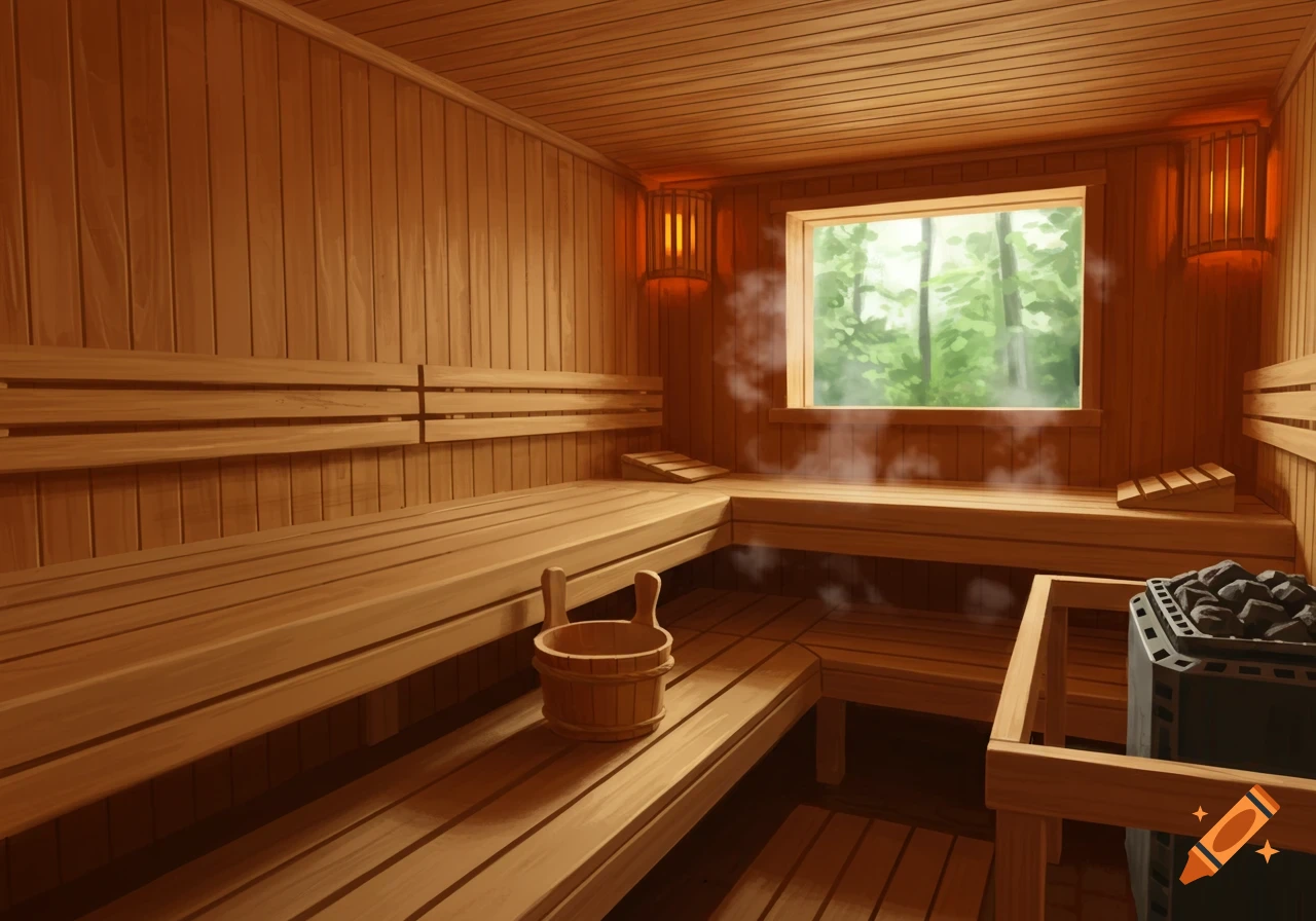 Empty wood sauna room with benches, heater, window, and steaming rocks.