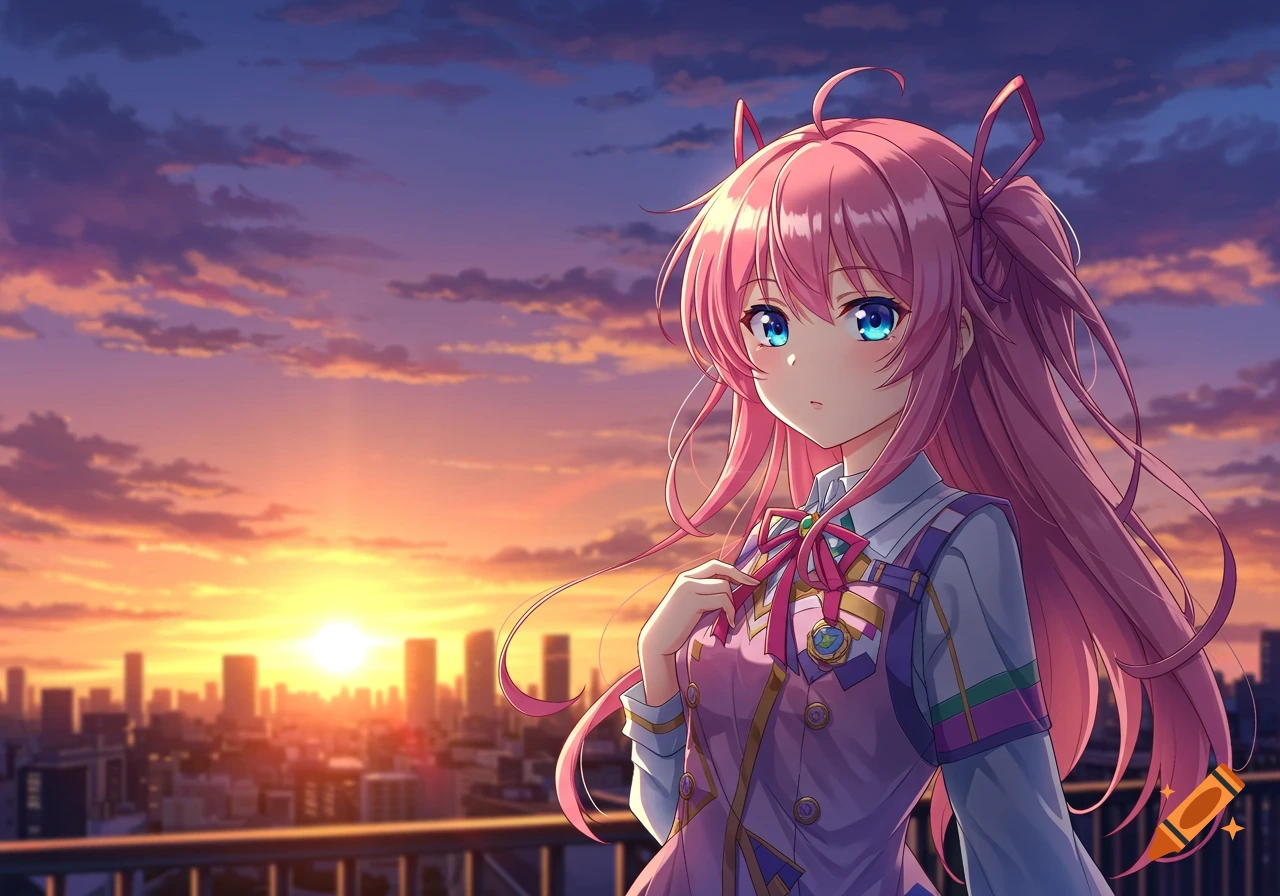 An anime girl with pink hair stands on a balcony overlooking a city at ...