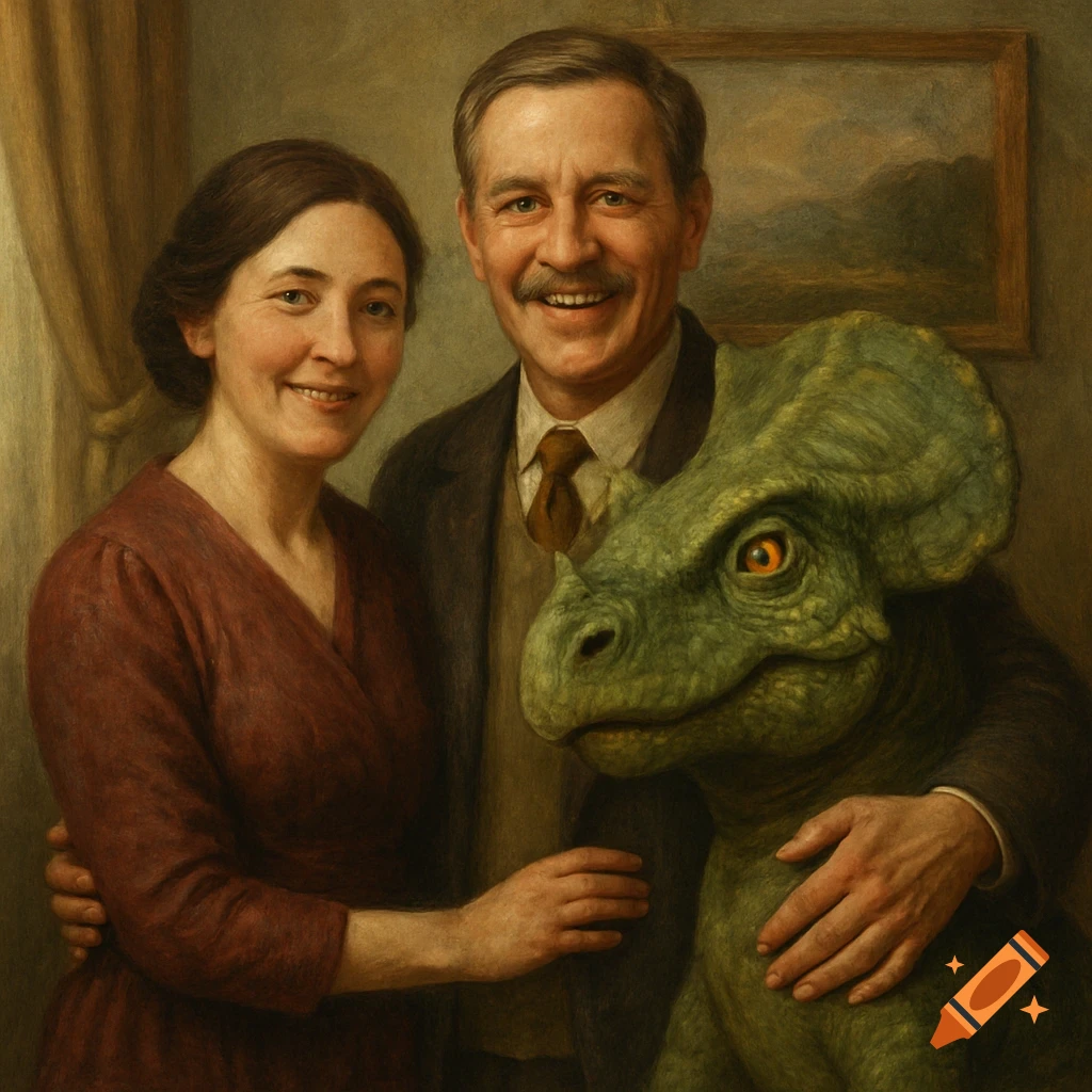 A portrait painting of a man and woman smiling, posing with a small green dinosaur.