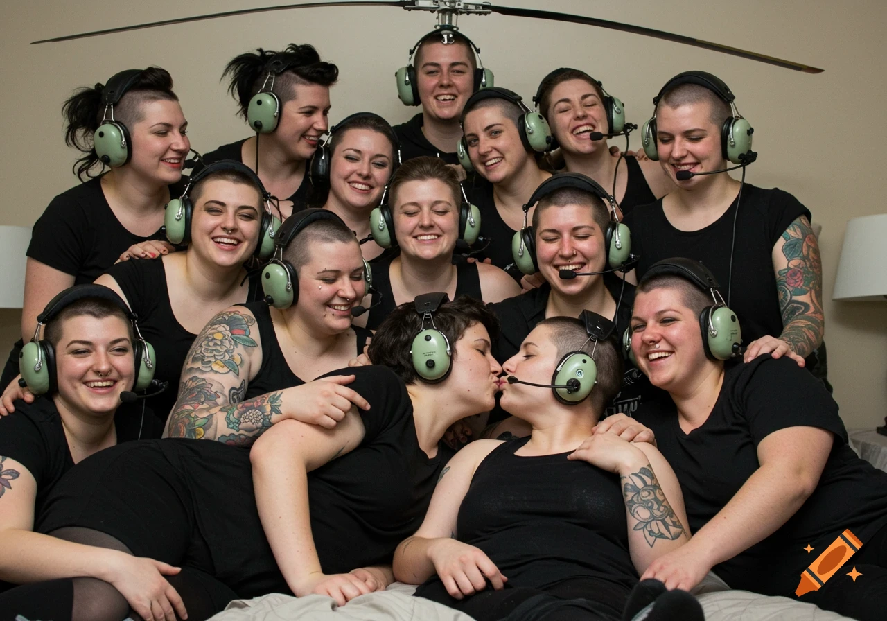 Group of smiling women with shaved heads and tattoos wearing headphones on a bed. Two women kiss.