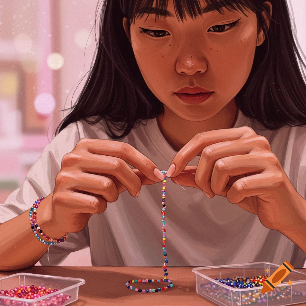 Person making a colorful bead bracelet