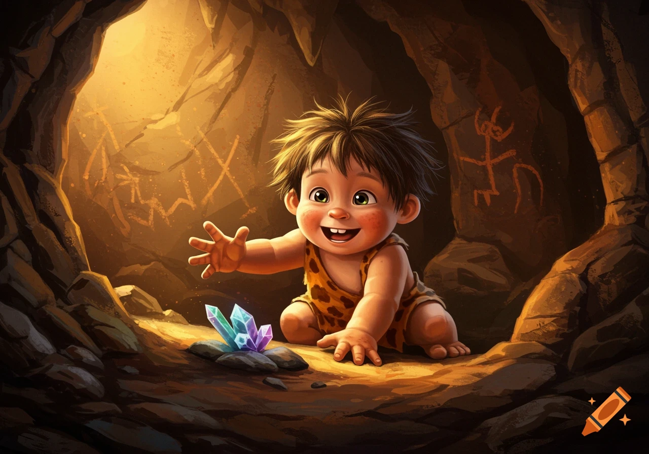 Cute caveman child reaches for glowing crystals in a cave.