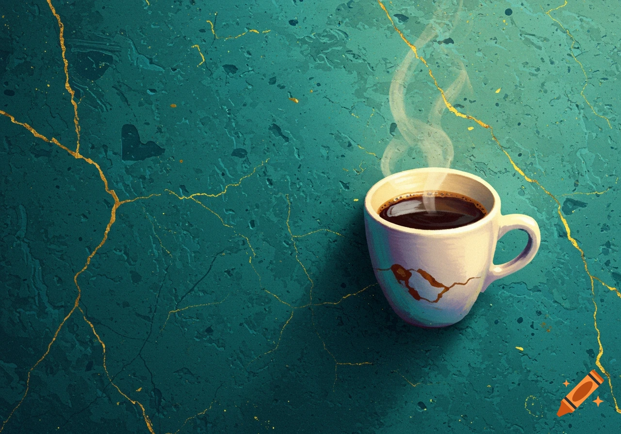 A cup of coffee sits on a teal surface with gold cracks, in a kintsugi style.