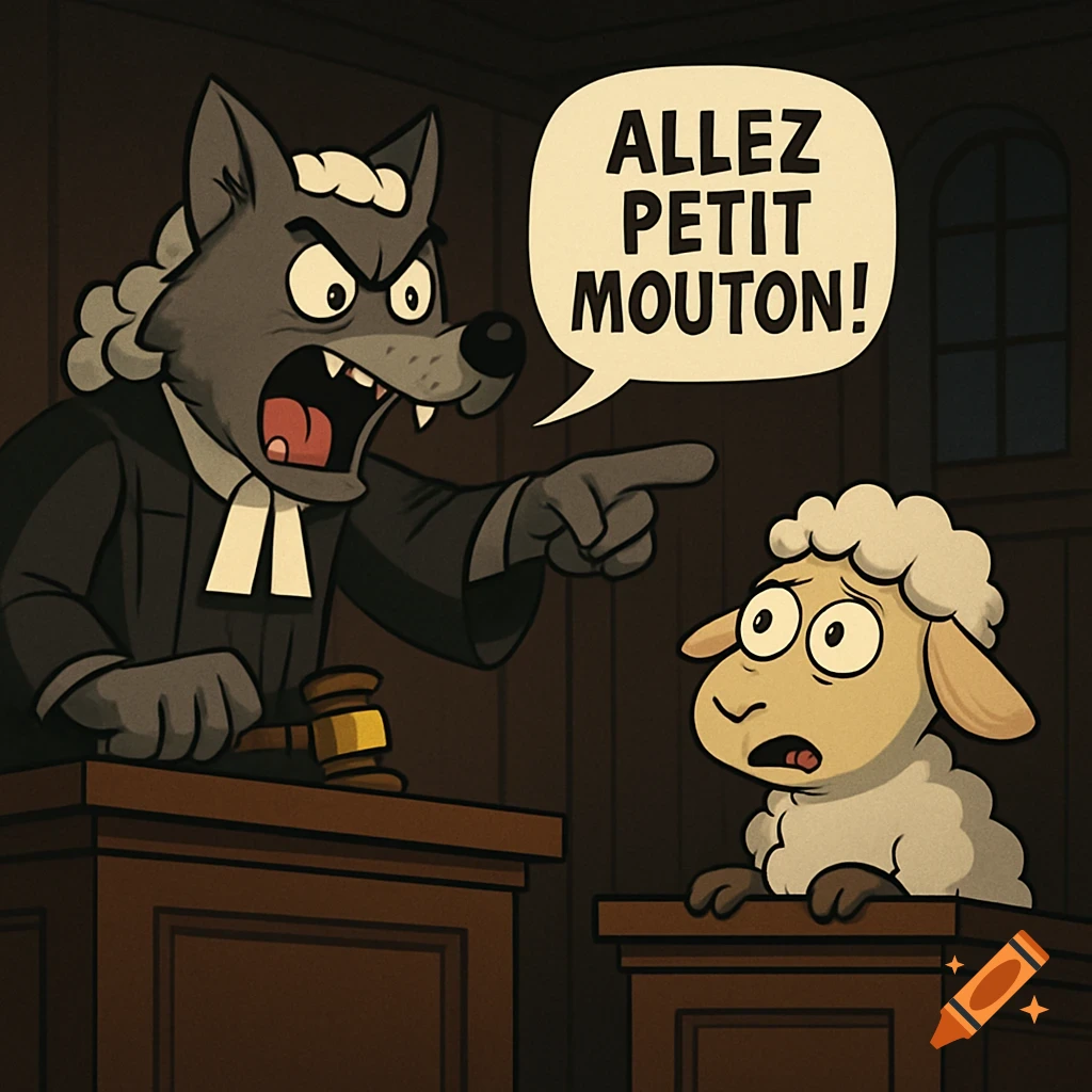 Cartoon wolf judge yells at a scared sheep in a courtroom speech bubble says 'ALLEZ PETIT MOUTON!'