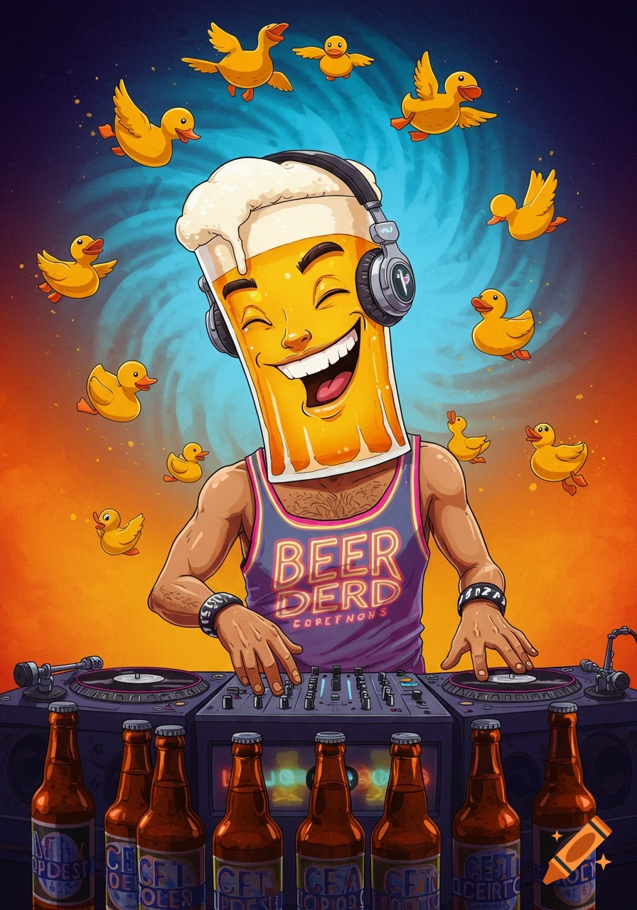 Cartoon beer mug character with headphones is DJing, surrounded by flying rubber ducks. Beer bottles are in the foreground.
