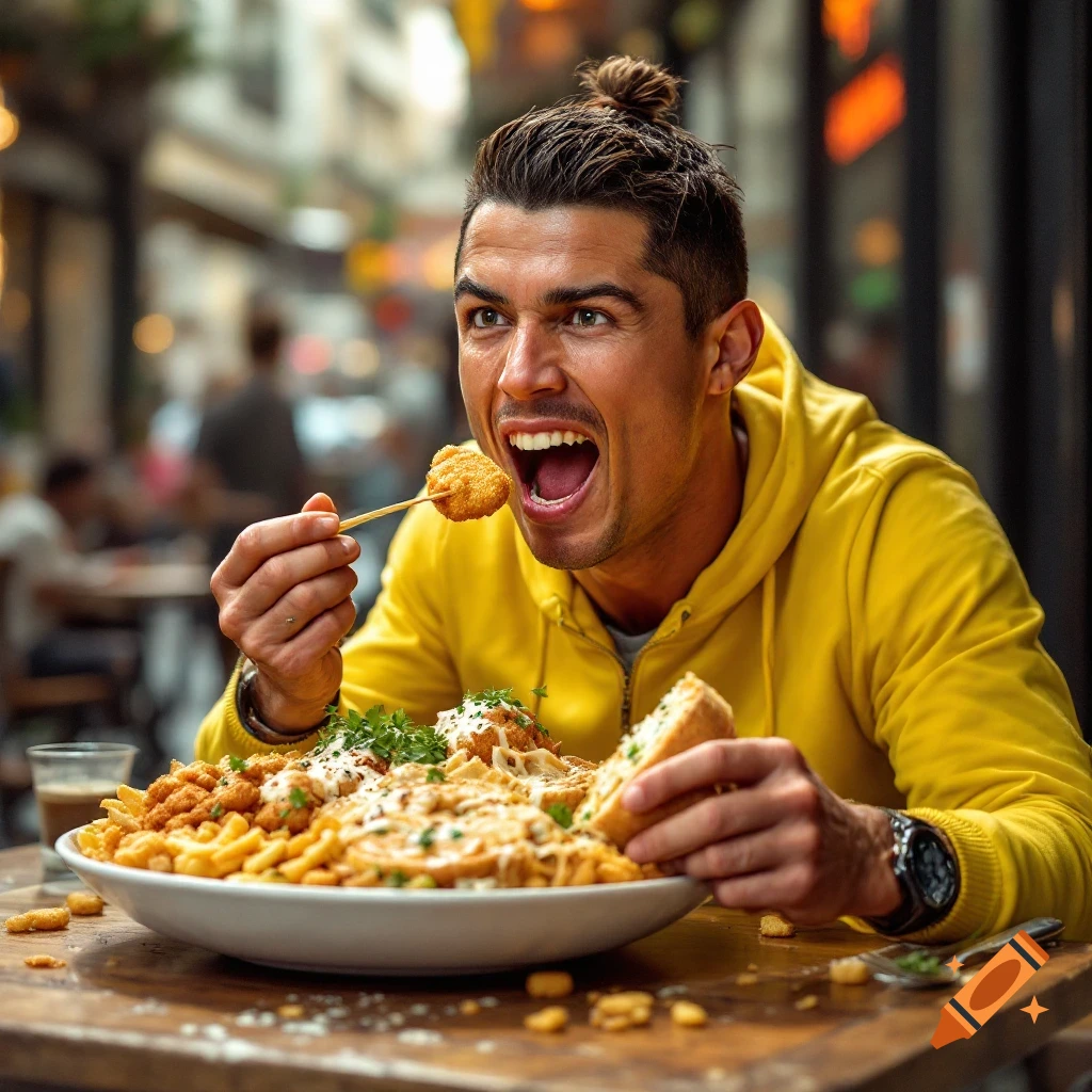 Man in yellow hoodie eating a large plate of food at an outdoor restaurant.