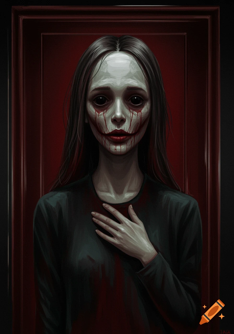 Creepy figure with black eyes, blood dripping from eyes and mouth, distorted smile, against red door. Digital art.