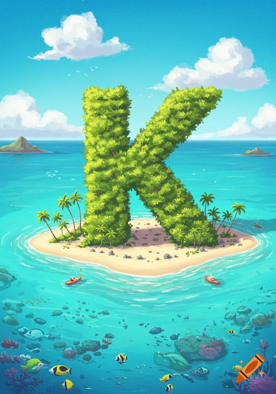 Stylized illustration of a tropical island in the ocean, with trees forming the shape of the letter K. Fish swim in the water.