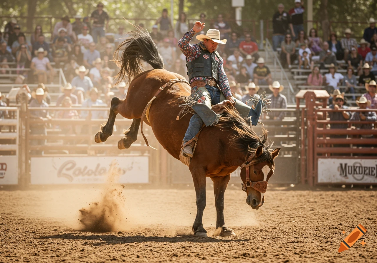 A cowboy rides a bucking bronco during a rodeo, kicking up dust.