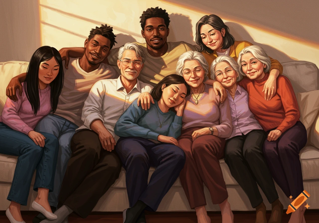 A drawing of a diverse group of people of different ages cuddling together on a couch.
