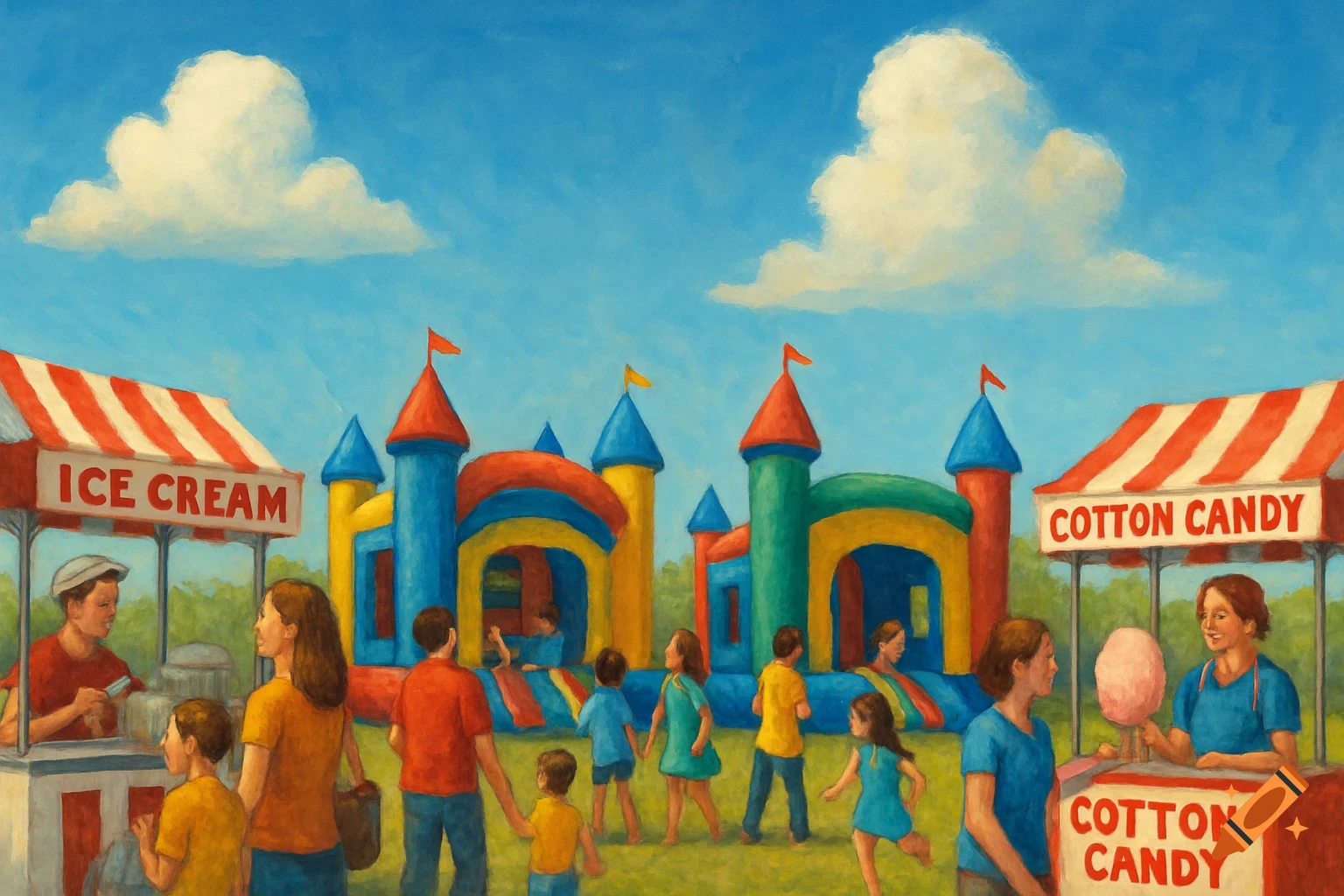 Painterly scene of people at a carnival with bounce houses, ice cream and cotton candy stands under a blue sky.