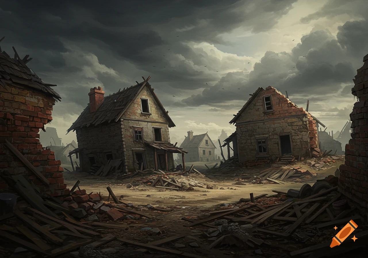 Illustration of ruined houses under a stormy sky with debris