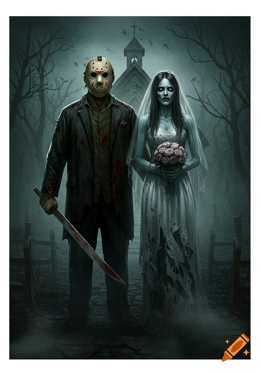 Jason Voorhees and a zombie bride stand in a spooky graveyard near a church.