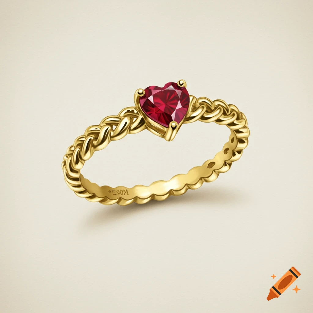 Dainty yellow gold braided ring with a heart-shaped ruby stone.