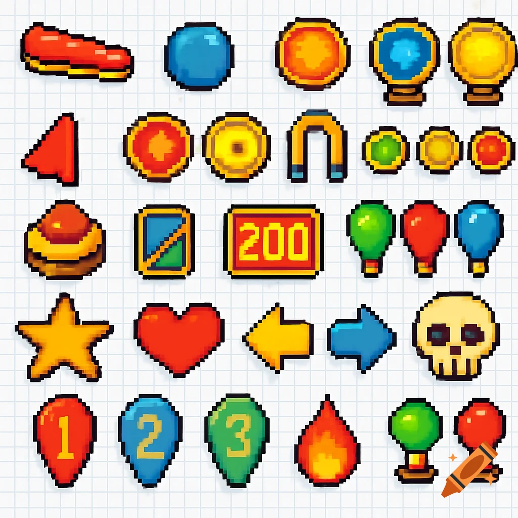 Pixel art sprite sheet for a pinball game featuring various icons and numbers on a grid.
