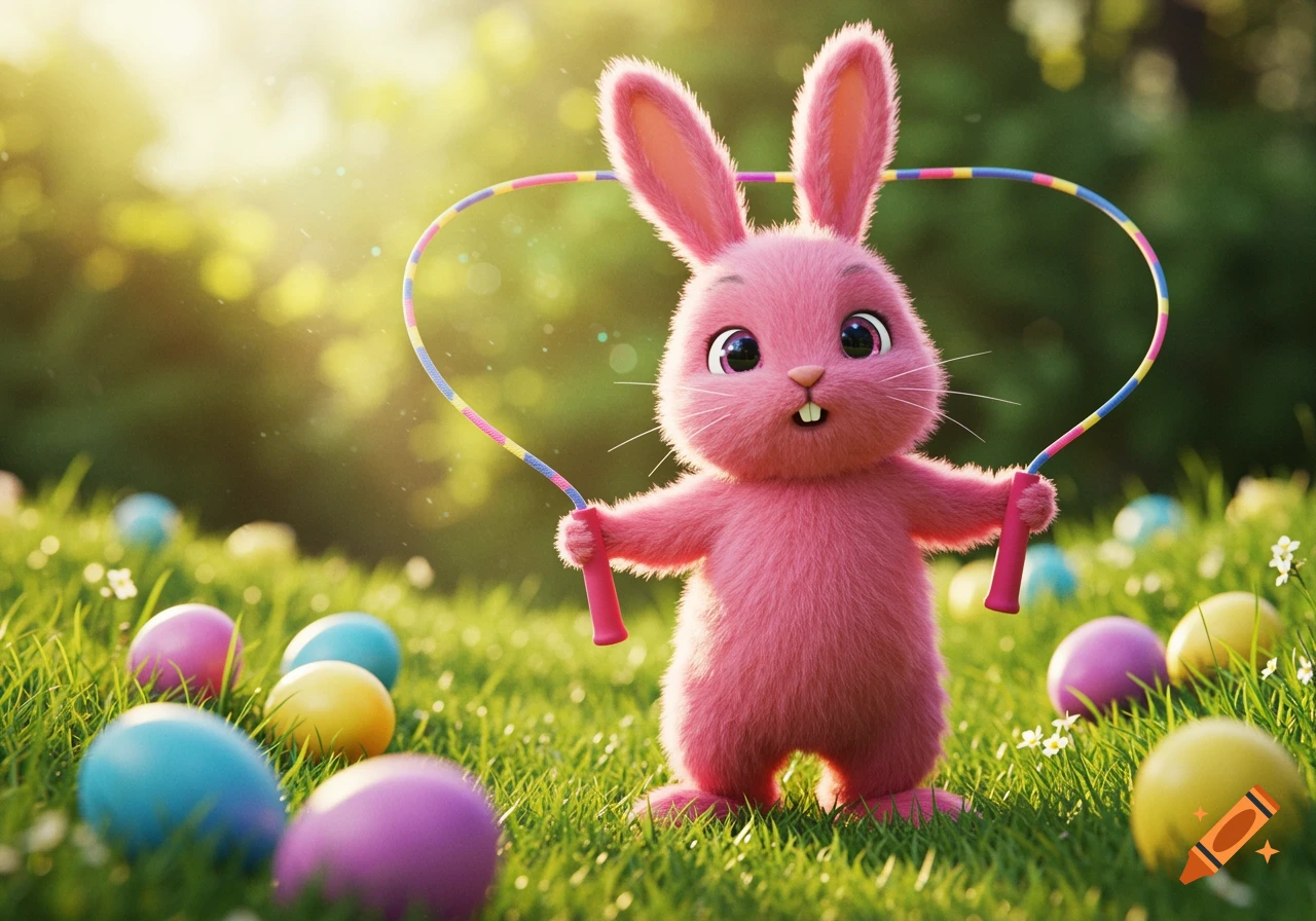 Cute pink cartoon bunny jumping rope in grass with Easter eggs on a sunny day.