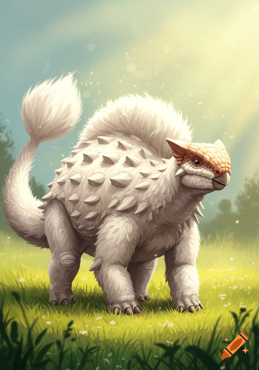 A fluffy white creature with spikes like an ankylosaurus stands in a field.